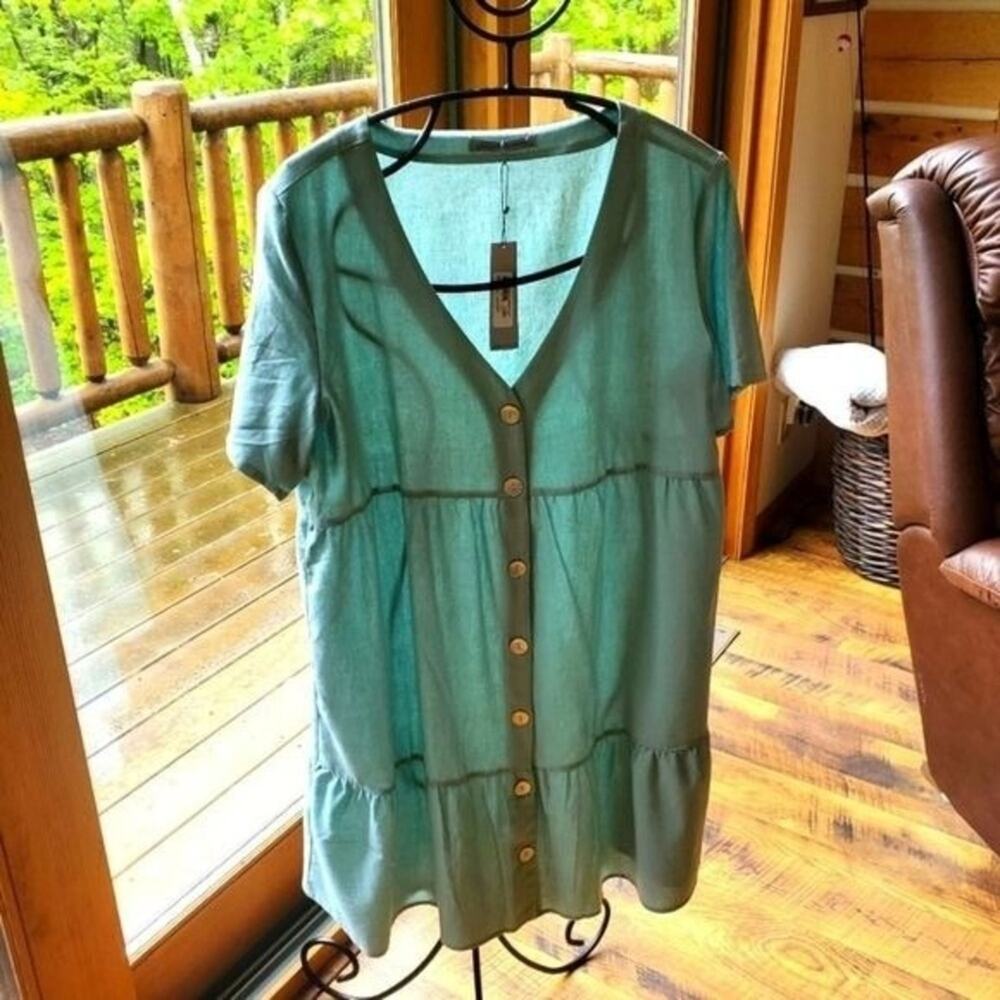 Arianna by Howard's Aqua Blue Linen Blend Tiered V-Neck Button Front Dress Large